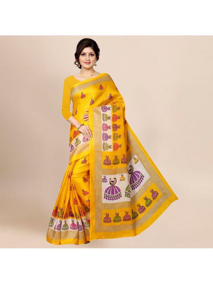     			INDIAN SILKS Silk Blend Printed Saree Without Blouse Piece - Yellow ( Pack of 1 )