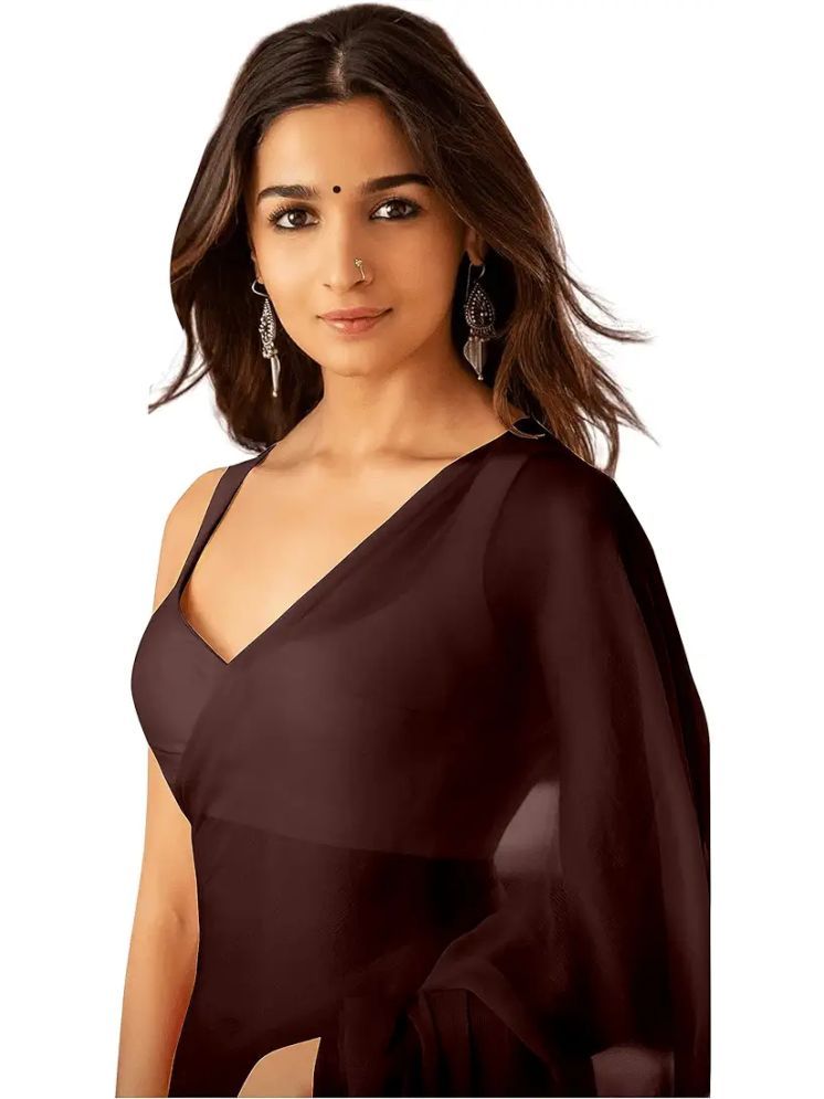     			ASTYLOR Georgette Solid Saree Without Blouse Piece - Brown ( Pack of 1 )