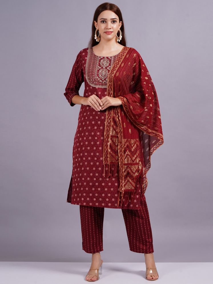     			HIGHLIGHT FASHION EXPORT Silk Printed Kurti With Pants Women's Stitched Salwar Suit - Maroon ( Pack of 1 )