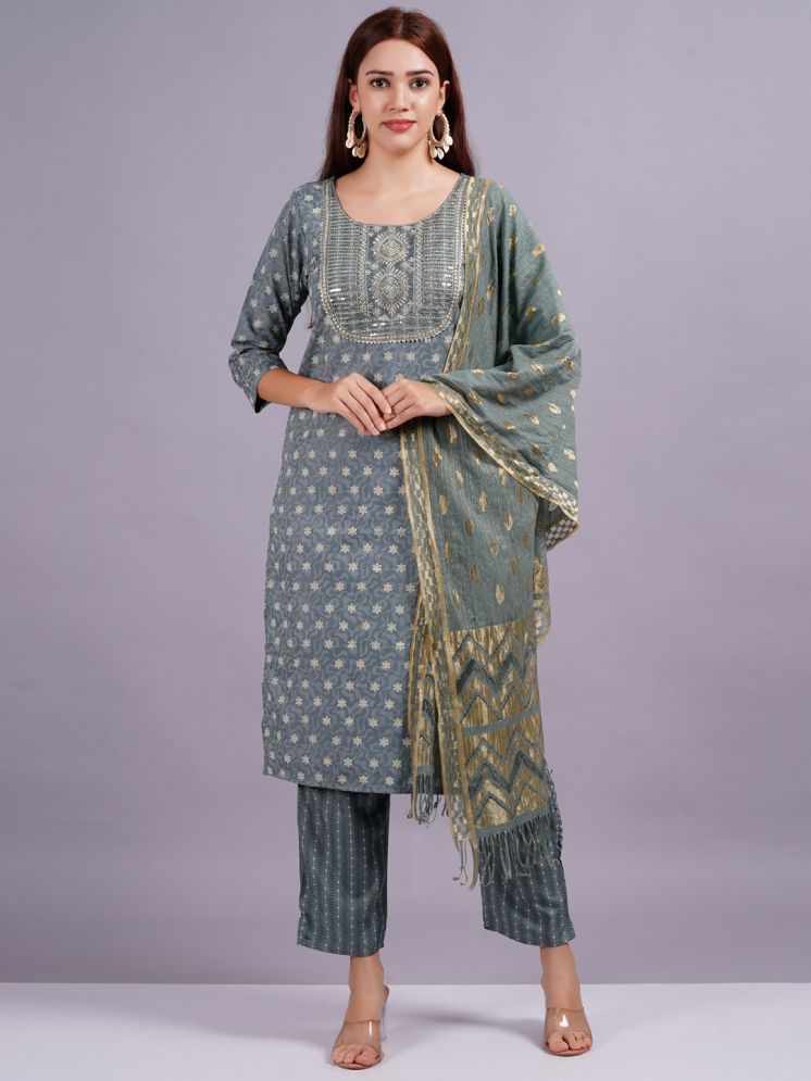     			HIGHLIGHT FASHION EXPORT Silk Printed Kurti With Pants Women's Stitched Salwar Suit - Grey ( Pack of 1 )