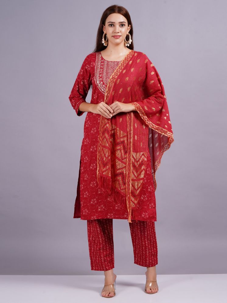     			HIGHLIGHT FASHION EXPORT Silk Printed Kurti With Pants Women's Stitched Salwar Suit - Red ( Pack of 1 )