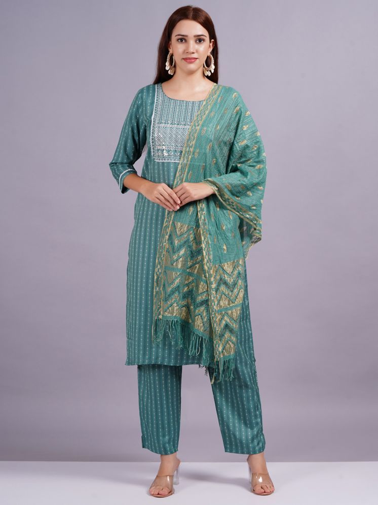     			JAI SHIVAM TRADERS Silk Printed Kurti With Pants Women's Stitched Salwar Suit - Green ( Pack of 1 )