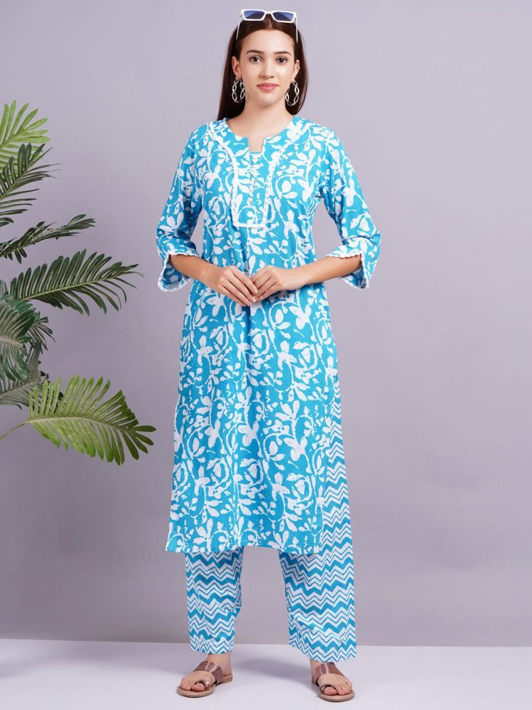     			Jyoti Saree Cotton Printed Kurti With Pants Women's Stitched Salwar Suit - Blue ( Pack of 1 )