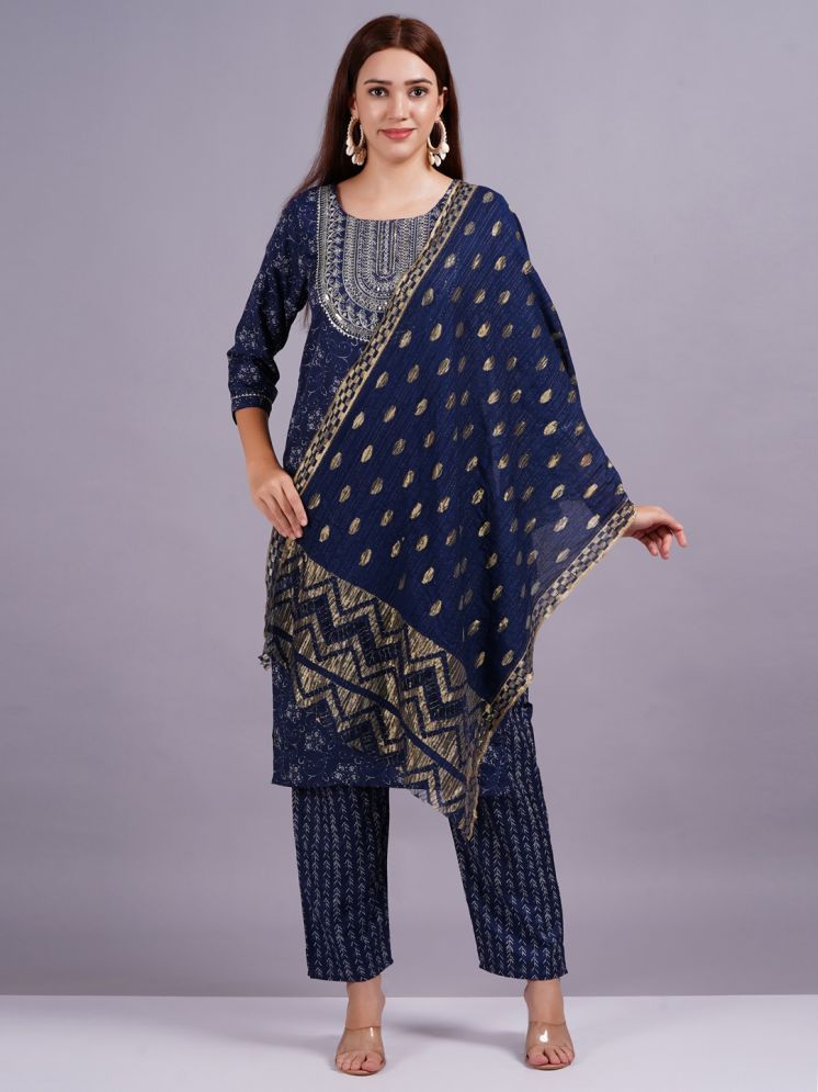     			Jyoti Saree Silk Printed Kurti With Pants Women's Stitched Salwar Suit - Navy ( Pack of 1 )