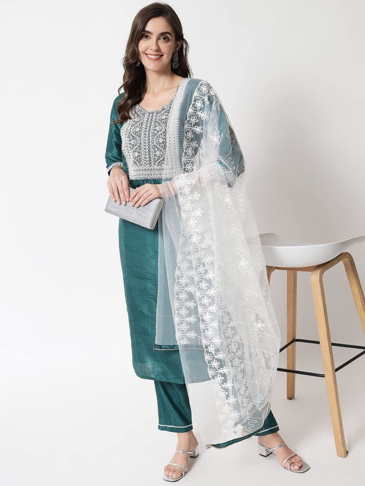     			VredeVogel Cotton Silk Embroidered Kurti With Pants Women's Stitched Salwar Suit - Green ( Pack of 1 )