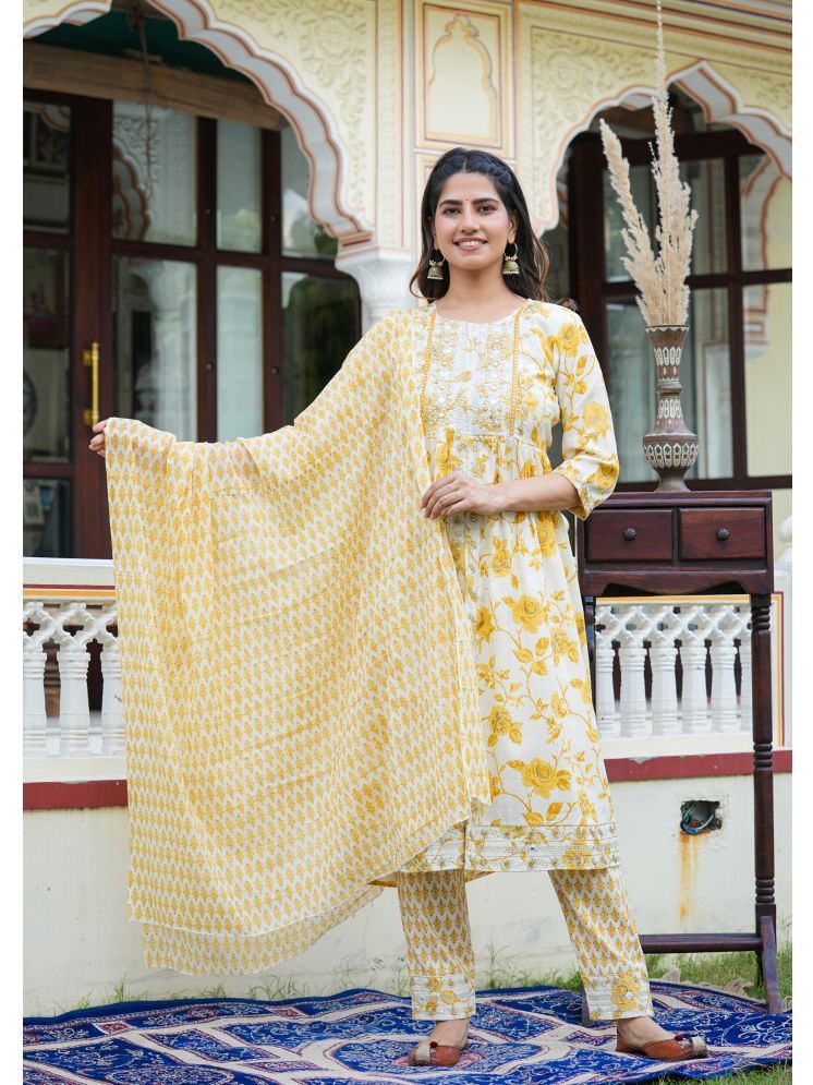     			Yash Gallery Cotton Printed Kurti With Pants Women's Stitched Salwar Suit - Yellow ( Pack of 1 )