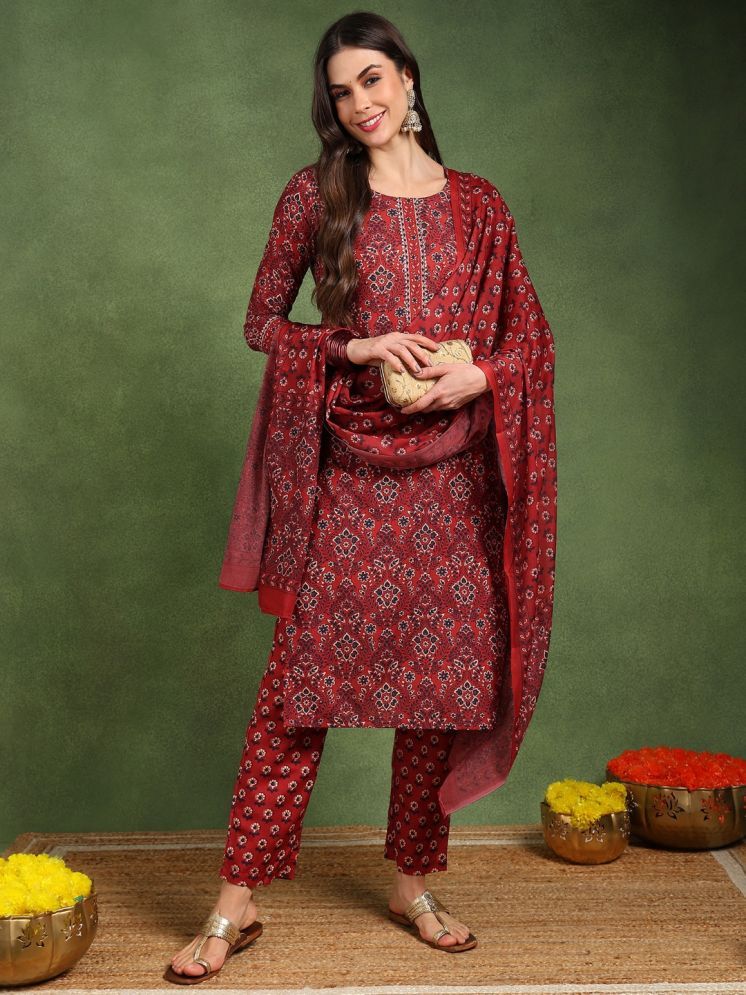     			Vaamsi Cotton Blend Printed Kurti With Pants Women's Stitched Salwar Suit - Red ( Pack of 1 )