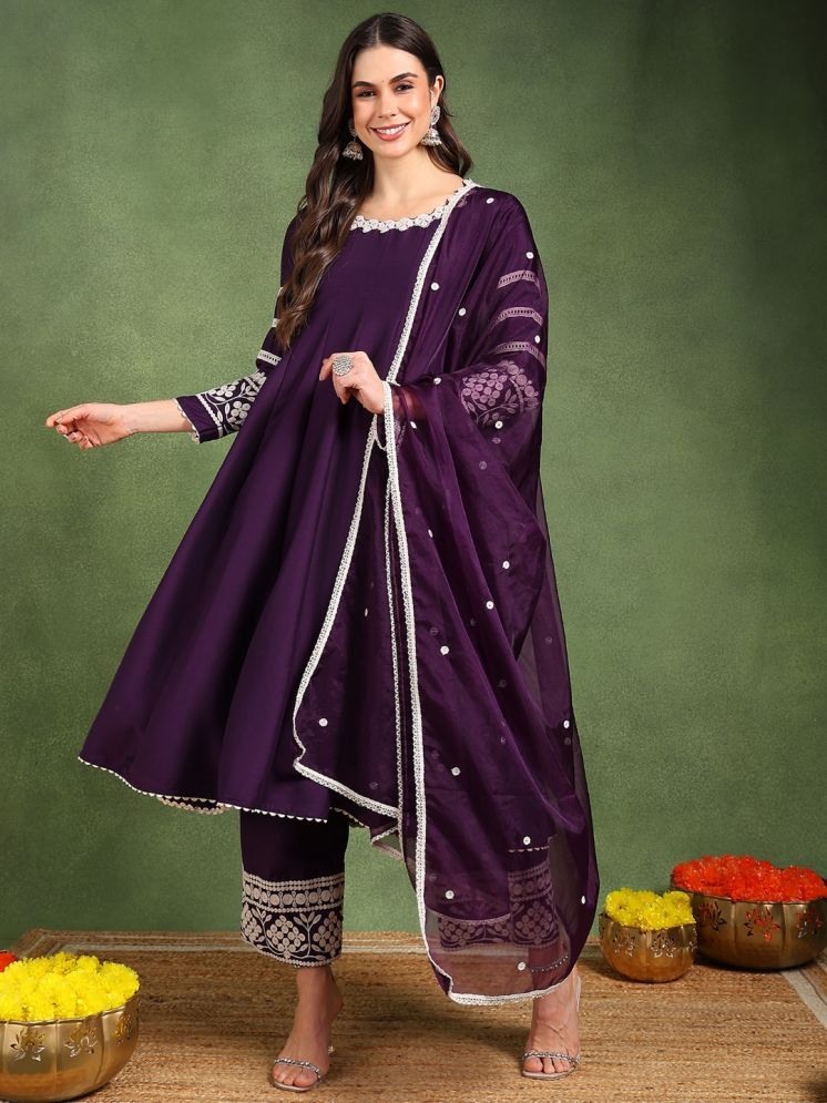     			Vaamsi Silk Blend Embroidered Kurti With Palazzo Women's Stitched Salwar Suit - Purple ( Pack of 1 )