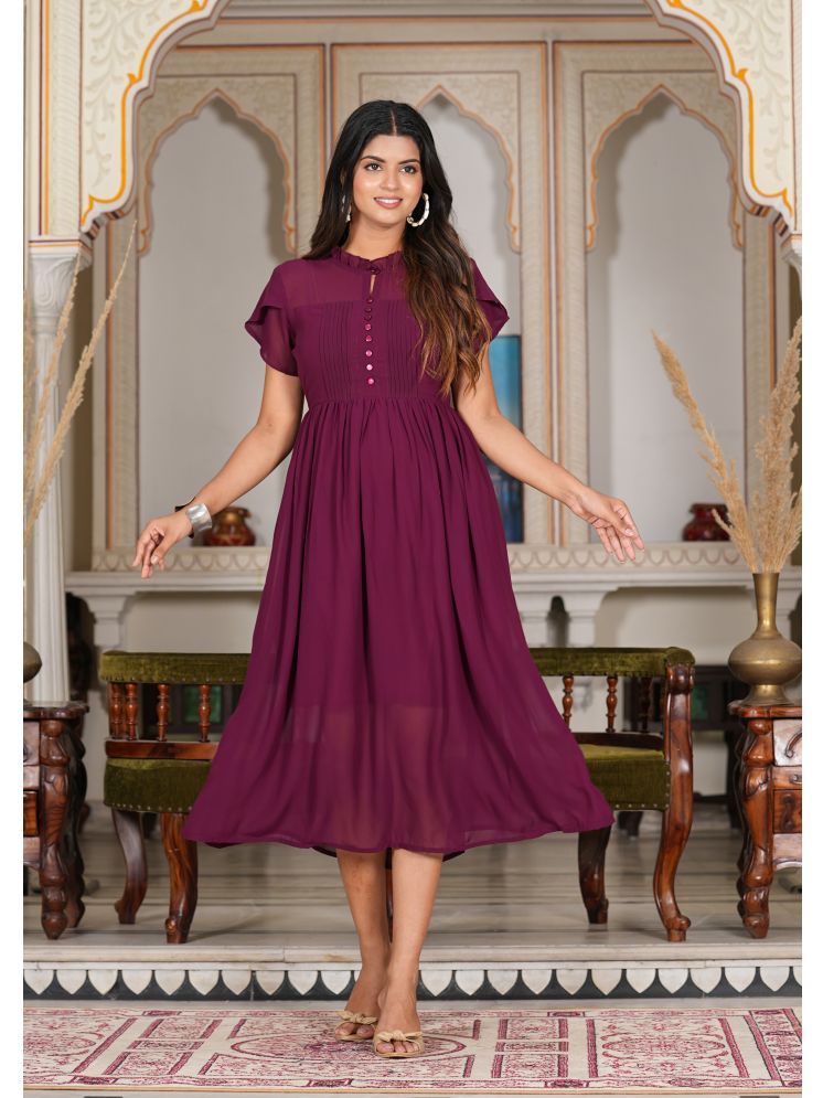     			Yash Gallery Georgette Solid Midi Women's Fit & Flare Dress - Wine ( Pack of 1 )