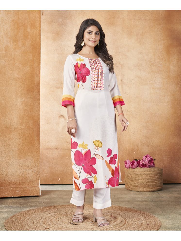     			MOJILAA Silk Blend Printed Kurti With Pants Women's Stitched Salwar Suit - White ( Pack of 1 )