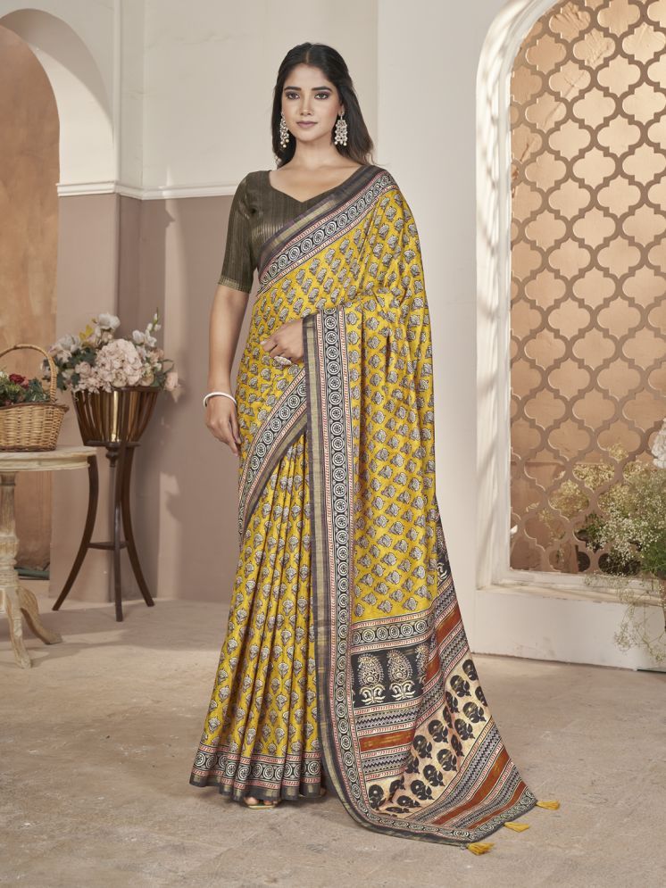     			Rekha Maniyar Cotton Blend Printed Saree With Blouse Piece - Yellow ( Pack of 1 )