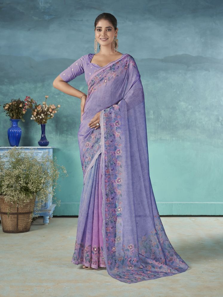     			Rekha Maniyar Organza Printed Saree With Blouse Piece - Purple ( Pack of 1 )