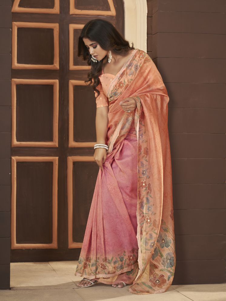     			Rekha Maniyar Organza Printed Saree With Blouse Piece - Rust ( Pack of 1 )