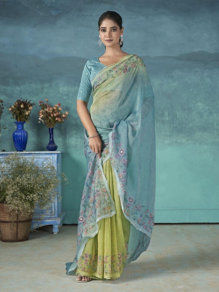     			Rekha Maniyar Organza Printed Saree With Blouse Piece - Teal ( Pack of 1 )