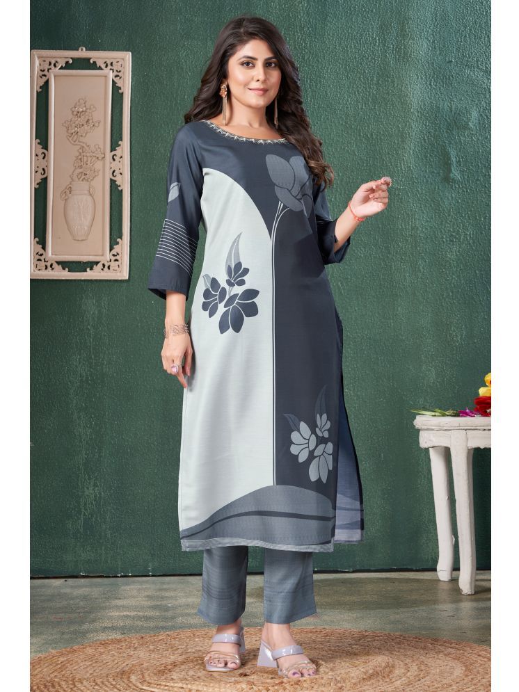     			MOJILAA Silk Blend Printed Kurti With Pants Women's Stitched Salwar Suit - Blue ( Pack of 1 )