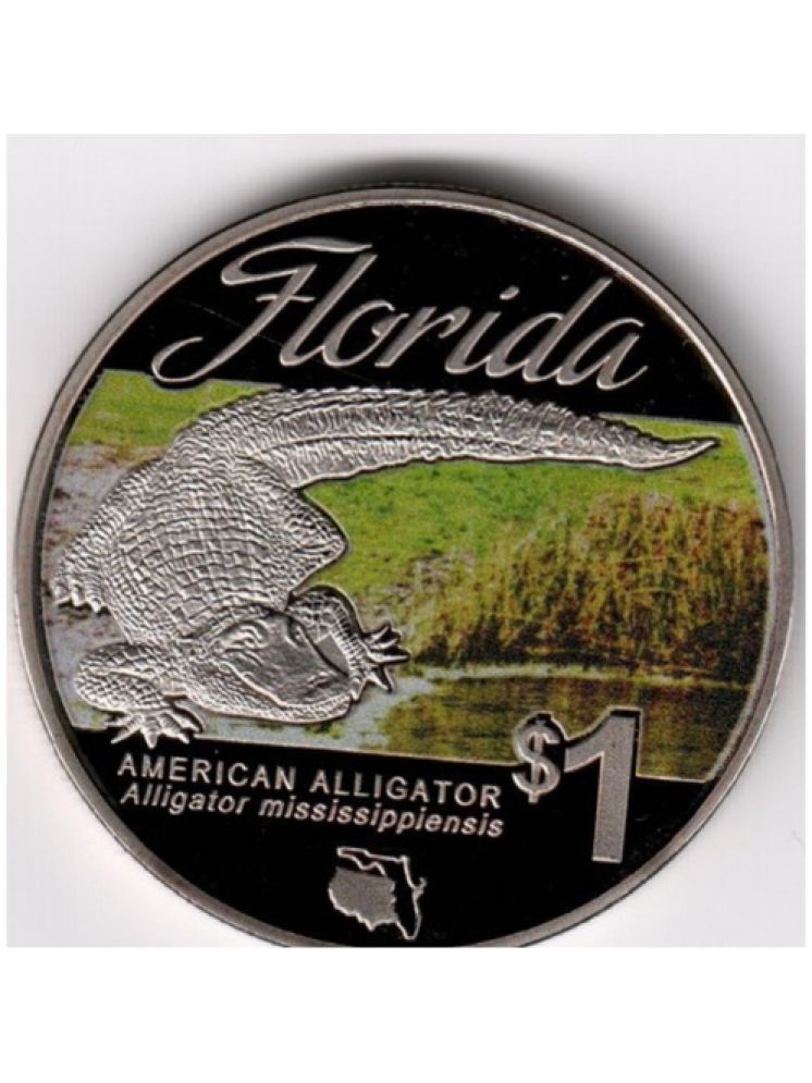     			Tuvalu 1 dollar, 2014 Florida's Natives - American Alligator rare Beautiful Coloured UNC Coin with Capsule