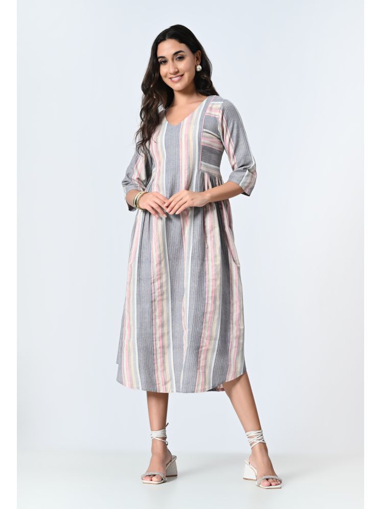     			ALL WAYS YOU Cotton Blend Striped Midi Women's A-line Dress - Grey ( Pack of 1 )