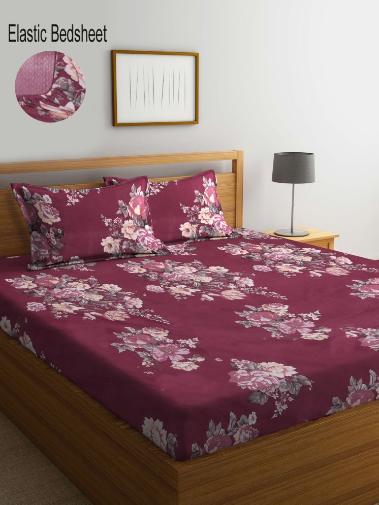     			Klotthe Poly Cotton Floral Printed 1 Double with 2 Pillow Covers - Maroon