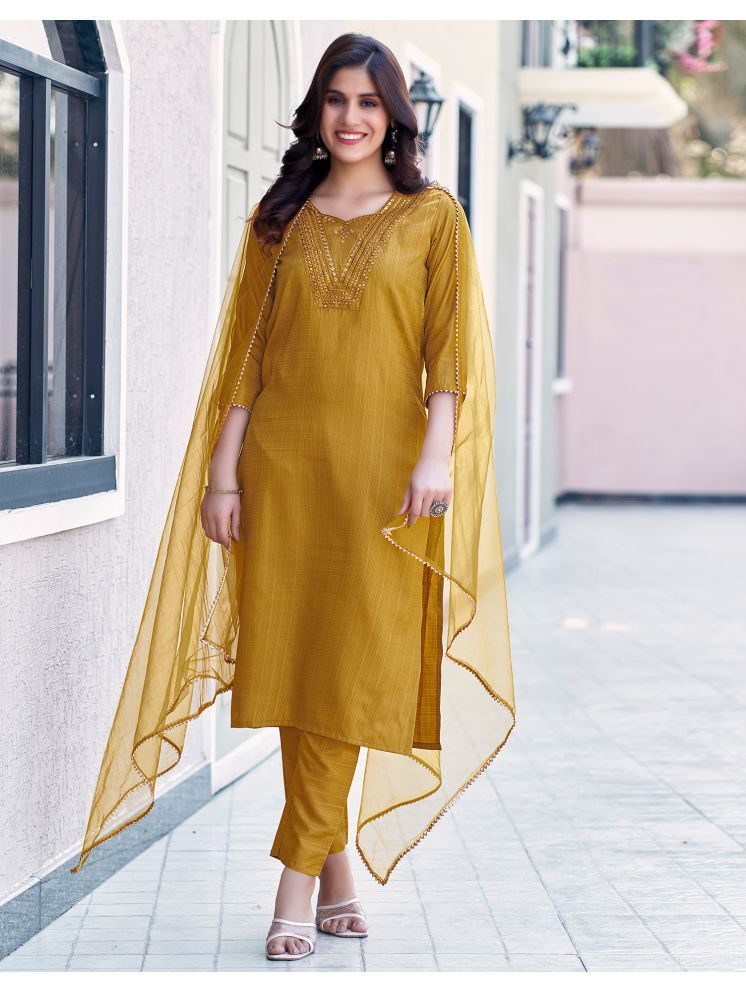     			Skylee Silk Embellished Kurti With Pants Women's Stitched Salwar Suit - Mustard ( Pack of 1 )