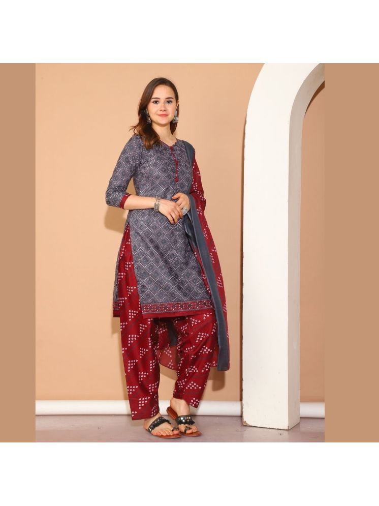     			wonder weave Cotton Blend Printed Kurti With Patiala Women's Stitched Salwar Suit - Grey ( Pack of 1 )