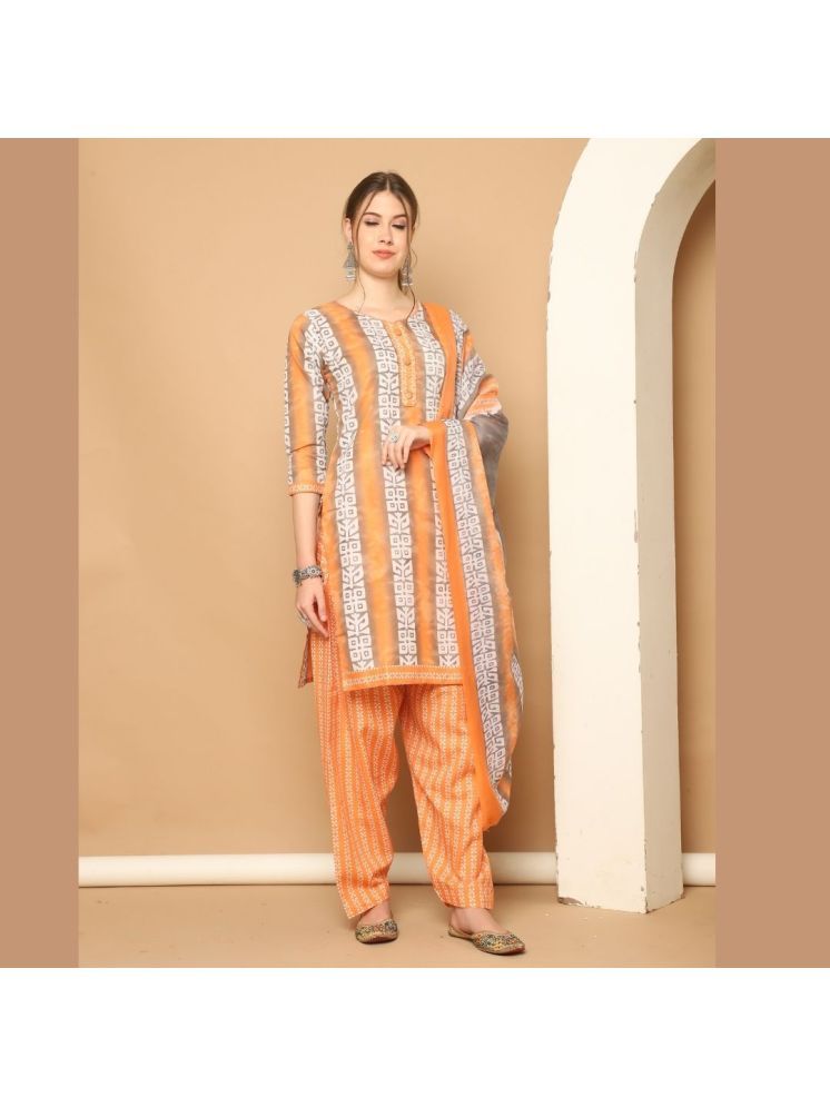     			wonder weave Cotton Blend Printed Kurti With Patiala Women's Stitched Salwar Suit - Orange ( Pack of 1 )