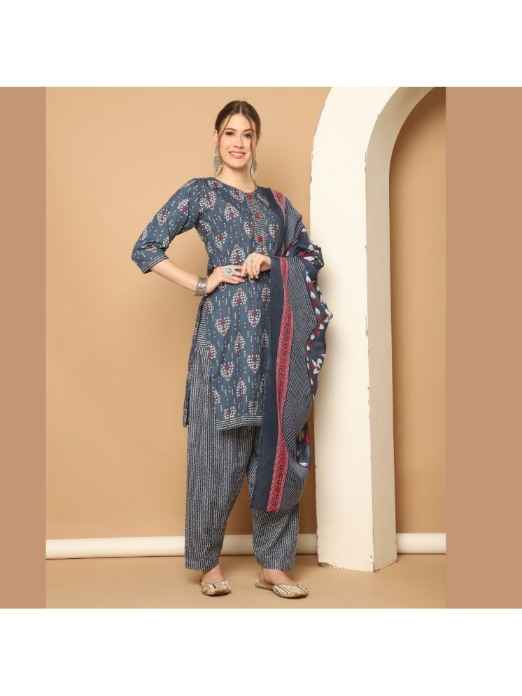     			wonder weave Cotton Blend Printed Kurti With Patiala Women's Stitched Salwar Suit - Grey ( Pack of 1 )