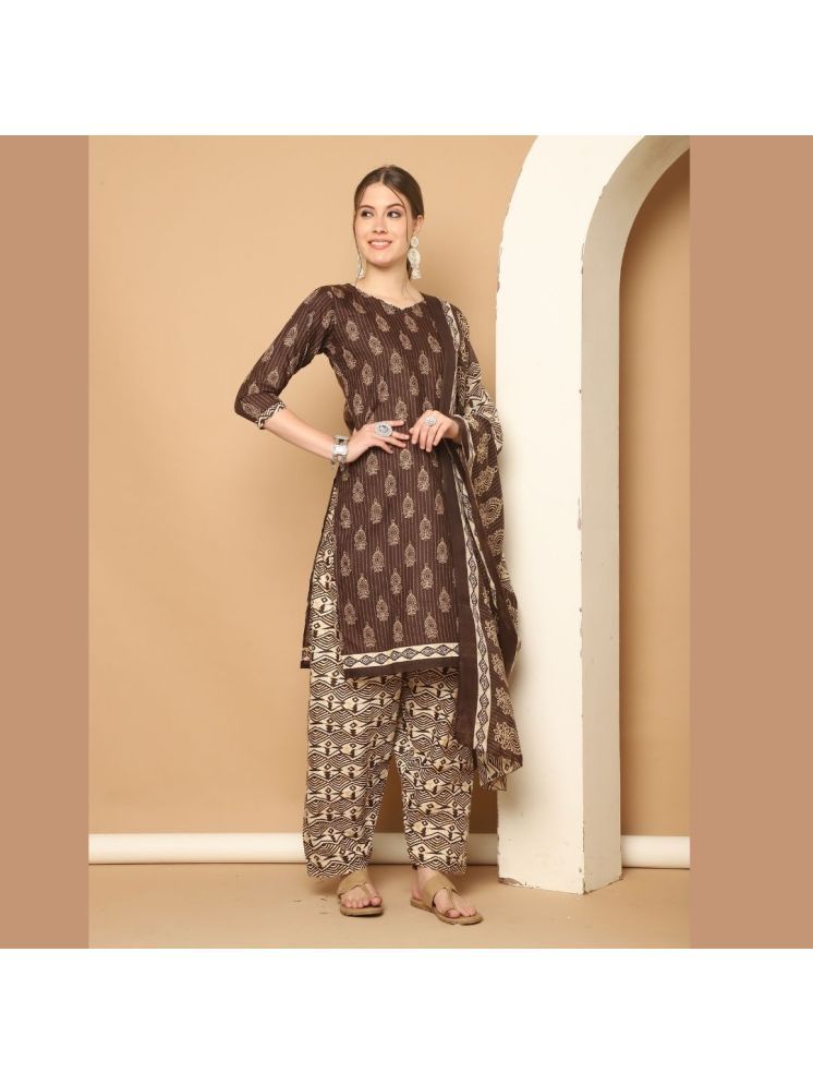     			wonder weave Cotton Blend Printed Kurti With Patiala Women's Stitched Salwar Suit - Brown ( Pack of 1 )