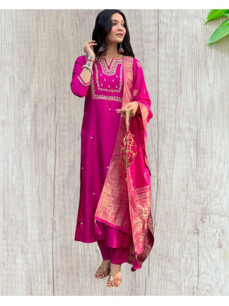     			Any Fab Silk Blend Embroidered Kurti With Pants Women's Stitched Salwar Suit - Pink ( Pack of 1 )