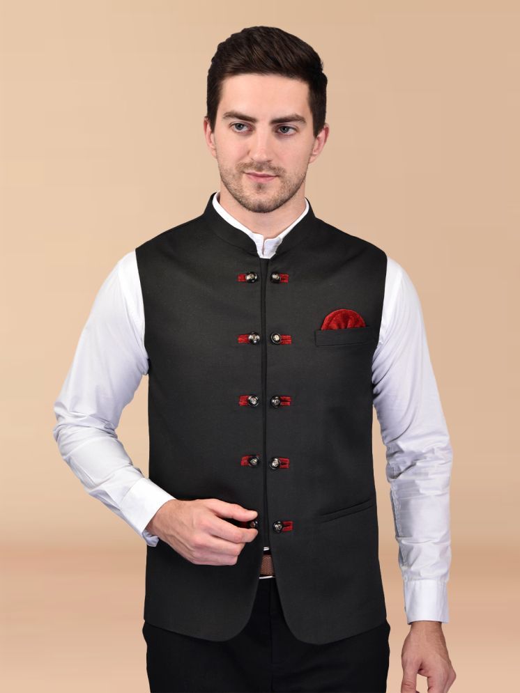     			BOWLIFESTYLE Black Cotton Blend Men's Nehru Jacket ( Pack of 1 )