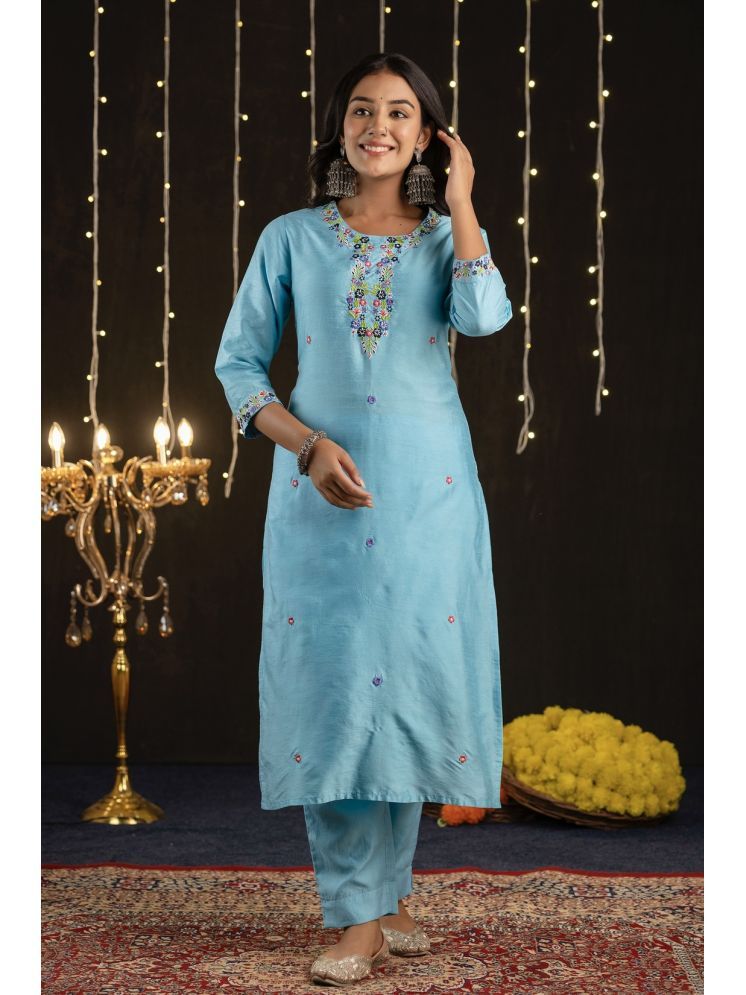     			Kohsh Silk Embroidered Straight Women's Kurti - Blue ( Pack of 1 )