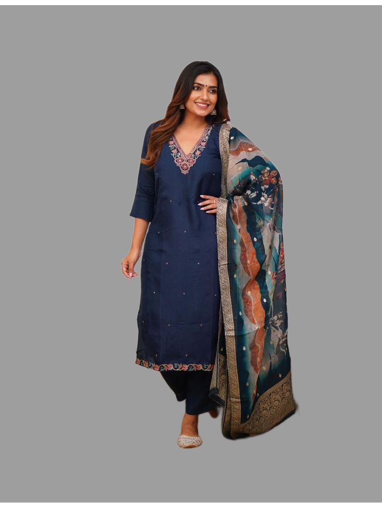     			MEHZEEL FAB Silk Blend Embroidered Kurti With Pants Women's Stitched Salwar Suit - Navy Blue ( Pack of 1 )