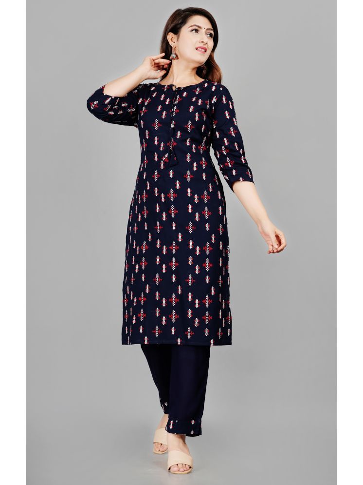     			SIPET Rayon Printed Kurti With Pants Women's Stitched Salwar Suit - Navy ( Pack of 1 )