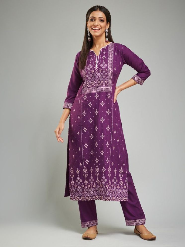     			A TO Z CART Chanderi Printed Kurti With Pants Women's Stitched Salwar Suit - Purple ( Pack of 1 )