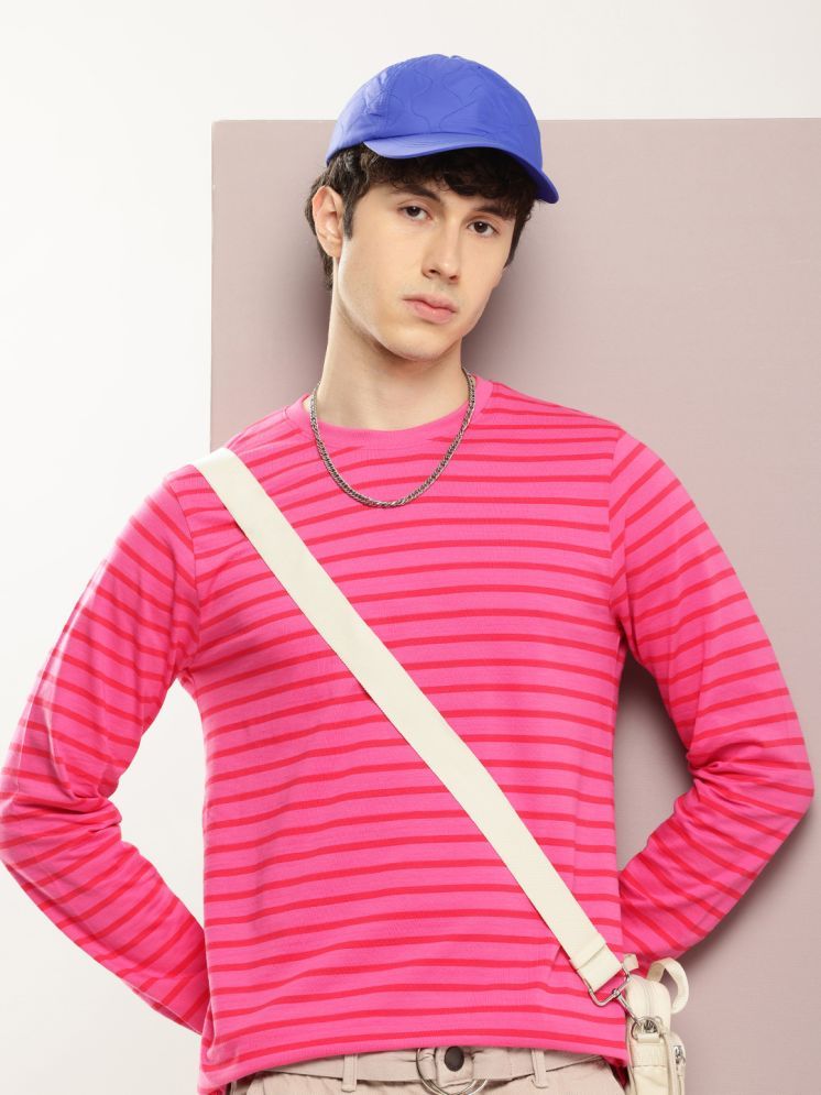     			Dillinger 100% Cotton Regular Fit Striped Full Sleeves Men's Round T-Shirt - Pink ( Pack of 1 )