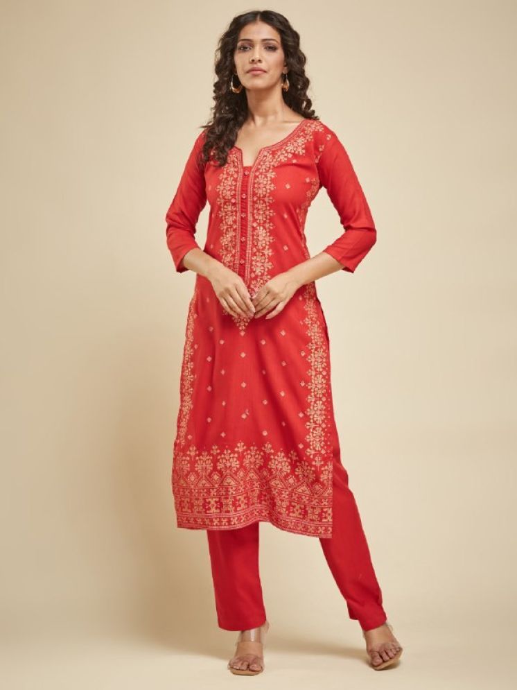     			JULEE Chanderi Printed Kurti With Pants Women's Stitched Salwar Suit - Red ( Pack of 1 )