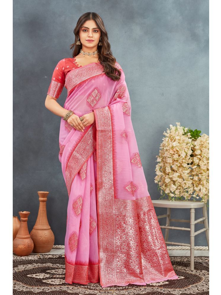     			NENCY FASHION Linen Woven Saree With Blouse Piece - Pink ( Pack of 1 )