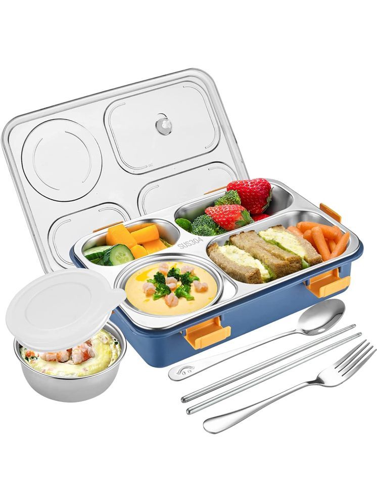     			VBE  Lunch Box Sealed Leakage Proof Stainless Steel Lunch Box with Fork,Chopstick & Spoon Lid Office Food Container 4 Compartment for School Kids and Adults, 1250ml (4 Compartment, Blue).