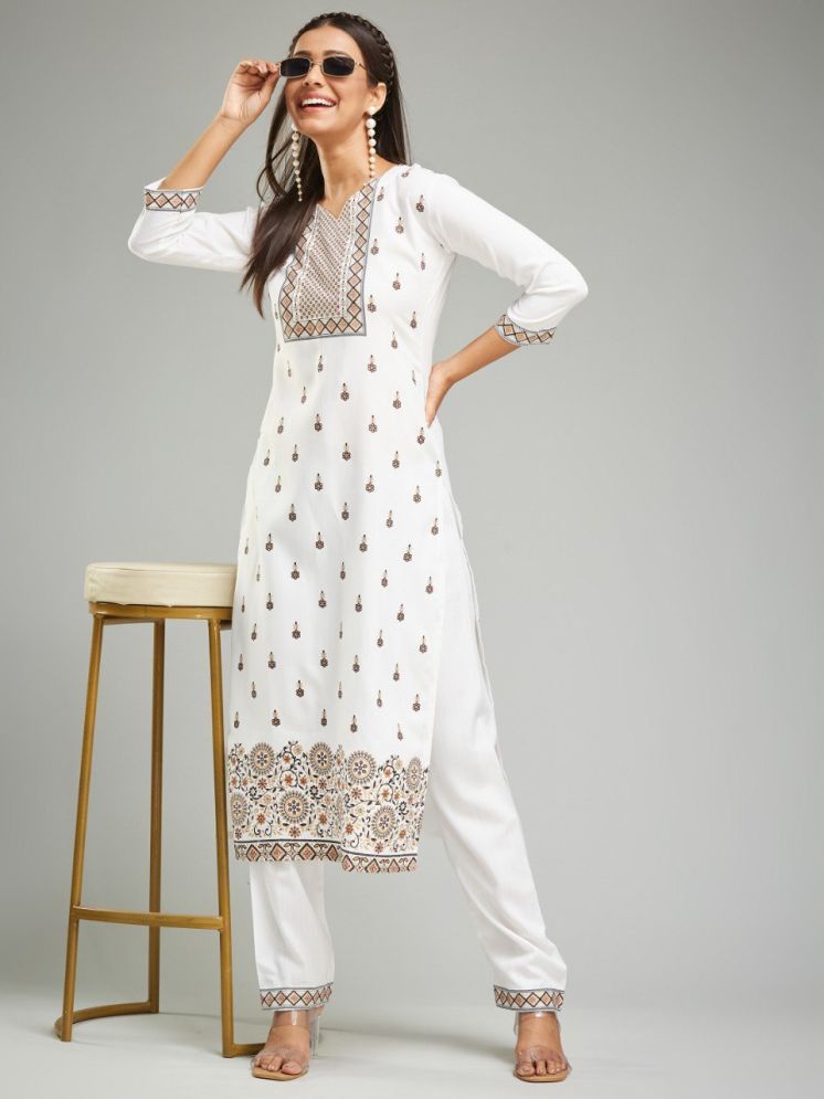     			Apnisha Chanderi Printed Kurti With Pants Women's Stitched Salwar Suit - White ( Pack of 1 )