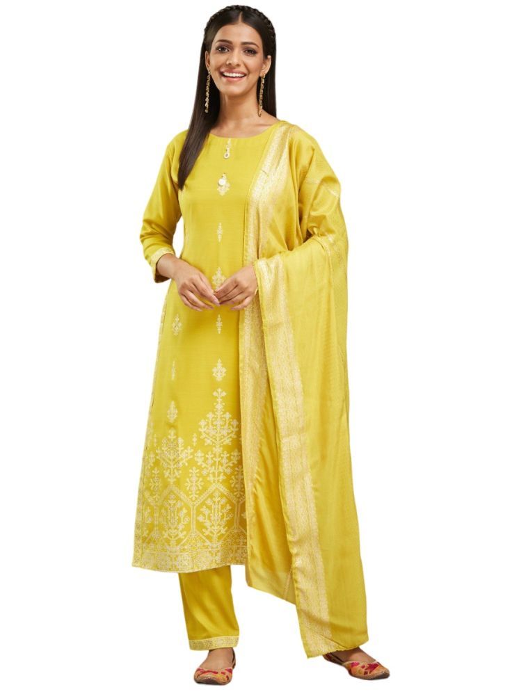     			Apnisha Chanderi Printed Kurti With Pants Women's Stitched Salwar Suit - Yellow ( Pack of 1 )