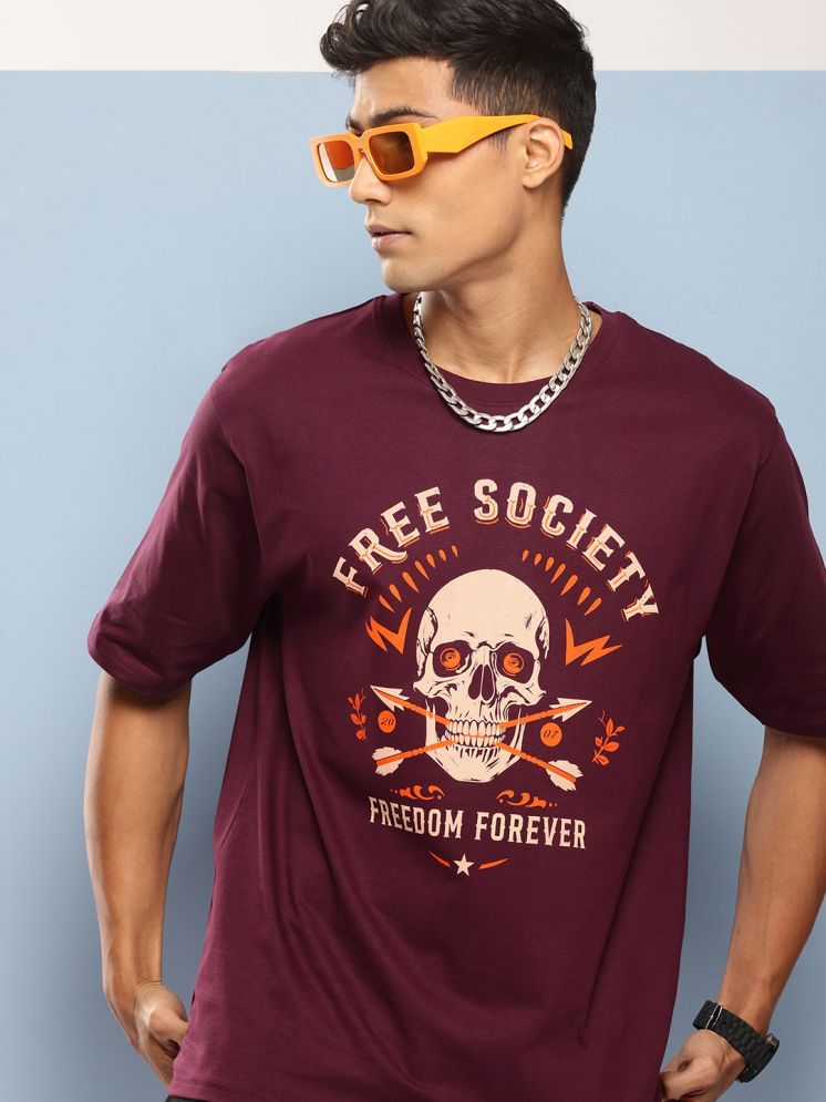     			Free Society 100% Cotton Oversized Fit Printed Half Sleeves Men's Round T-Shirt - Wine ( Pack of 1 )