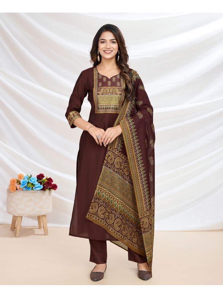     			MOJILAA Silk Blend Embellished Kurti With Pants Women's Stitched Salwar Suit - Brown ( Pack of 1 )