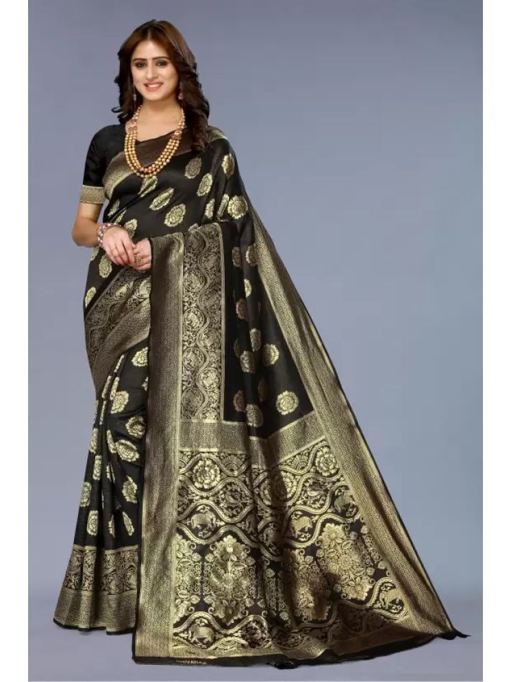     			Saadhvi Silk Woven Saree With Blouse Piece - Black ( Pack of 1 )