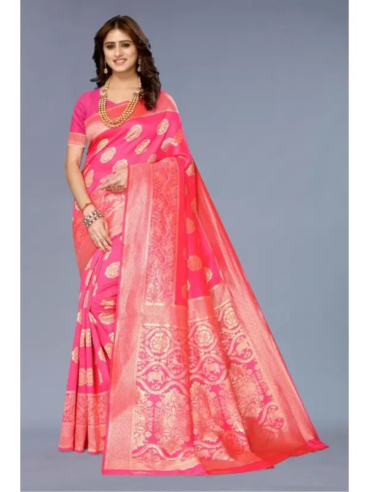     			Saadhvi Silk Woven Saree With Blouse Piece - Pink ( Pack of 1 )