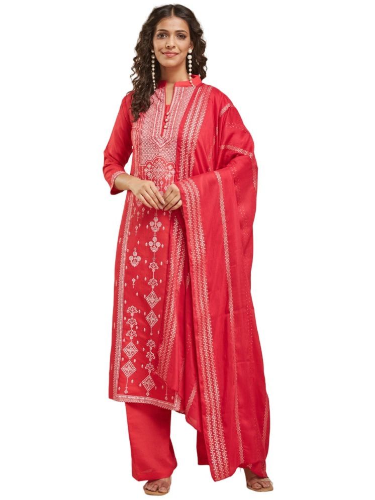     			A TO Z CART Chanderi Printed Kurti With Pants Women's Stitched Salwar Suit - Red ( Pack of 1 )