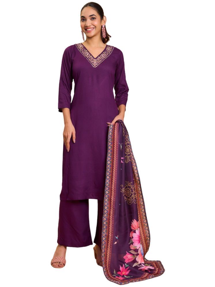     			A TO Z CART Rayon Embroidered Kurti With Pants Women's Stitched Salwar Suit - Wine ( Pack of 1 )