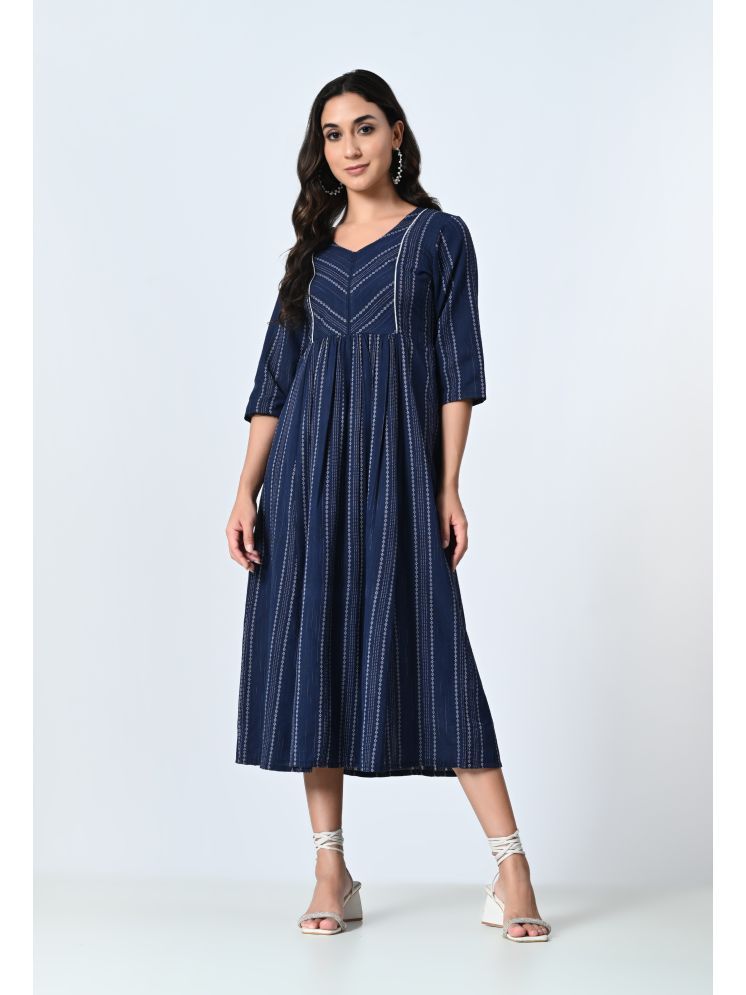     			AMBI Cotton Blend Striped Midi Women's Fit & Flare Dress - Blue ( Pack of 1 )