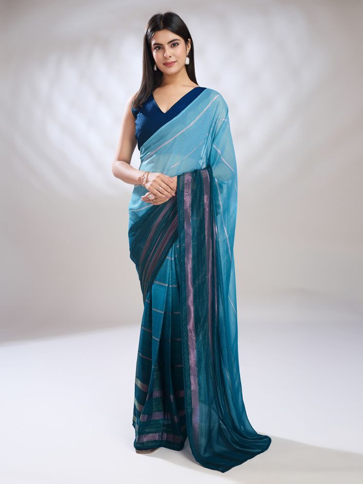     			Rekha Maniyar Satin Striped Saree With Blouse Piece - Blue ( Pack of 1 )