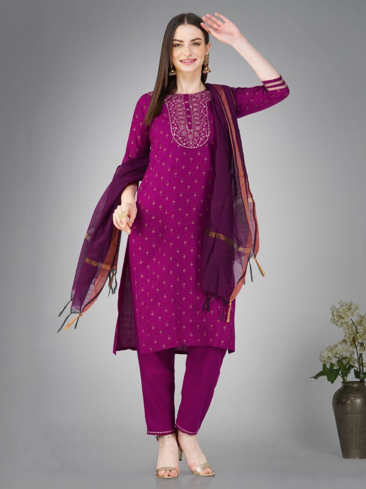     			SILK SUTRA Cotton Blend Embroidered Kurti With Pants Women's Stitched Salwar Suit - Purple ( Pack of 1 )