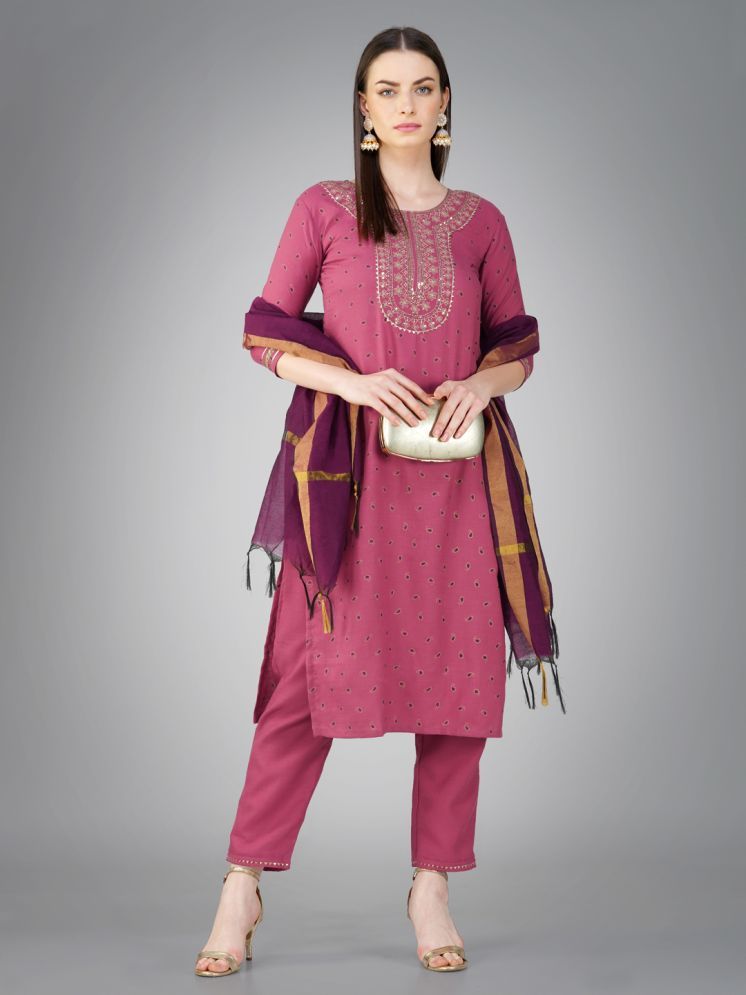     			SILK SUTRA Cotton Blend Embroidered Kurti With Pants Women's Stitched Salwar Suit - Purple ( Pack of 1 )