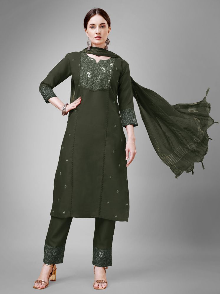     			SILK SUTRA Cotton Blend Embroidered Kurti With Pants Women's Stitched Salwar Suit - Dark Green ( Pack of 1 )